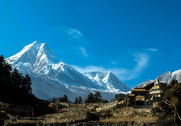 stupa and mountain in background